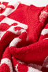 Fiery Red V Neck Flower Heart Detail Checkered Knit Loose Sweater