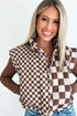 Brown Mixed Checkerboard Stitched Zip Up Stand Neck Snap Button Vest