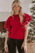 Racing Red Pearl Embellished Double Ruffle Short Sleeve Sweater