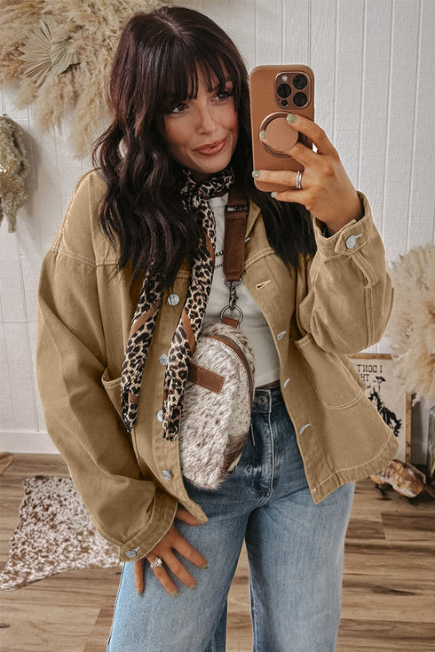 Parchment Patched Pocket Collared Button Front Boyfriend Denim Jacket