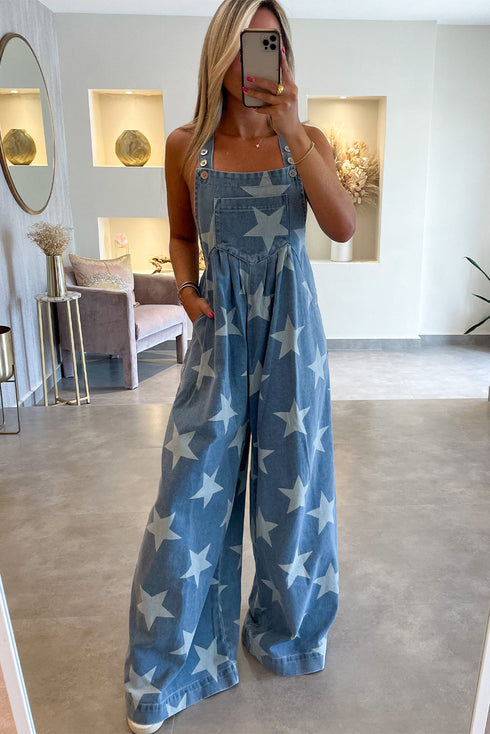 star-print-buttoned-strap-pleat-wide-leg-denim-overall