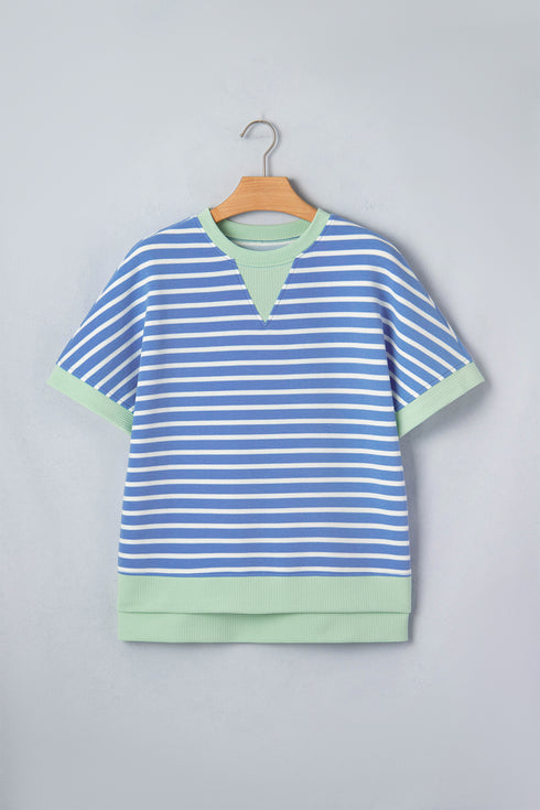 Sky Blue Stripe Contrast Trim Loose Short Sleeve Top
