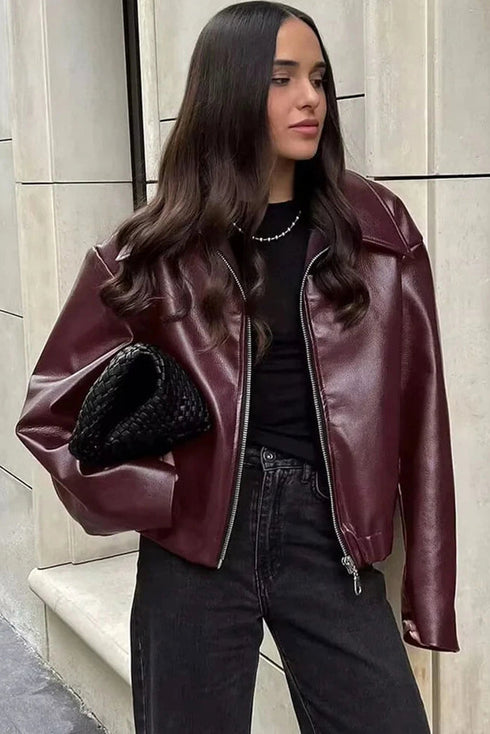 Wild Ginger Retro Elastic Hem Zip Up Leatherette Jacket