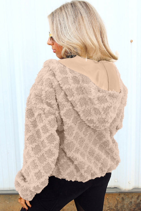 Beige Sherpa Rhombus Zip Up Side Pocket Hooded Jacket