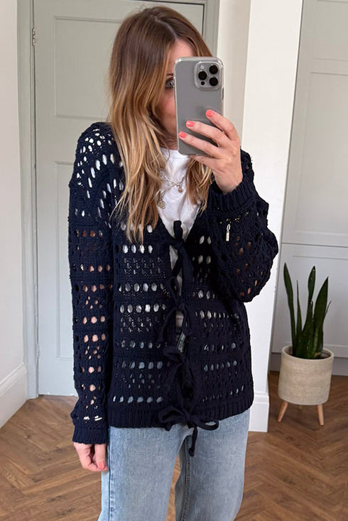 Navy Blue Crochet Tie Front Cardigan
