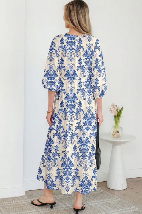 Sky Blue Boho Printed Half Sleeve Maxi Dress