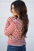 Red Stripe Round Neck Ruffle Trim Long Sleeve Top