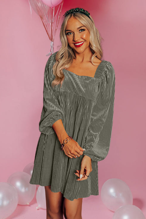 Gray Tie Back Square Neck Velvet Babydoll Dress