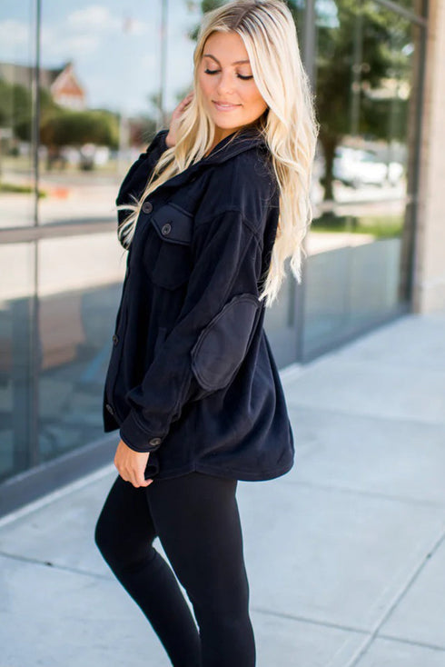 Black Solid Color Exposed Seam Patchwork Button Down Fleece Shacket
