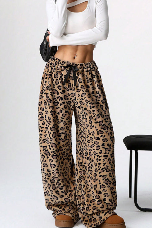 Brown Contrast Ribbon Bow Decor Leopard Print Plush Wide Leg Pants