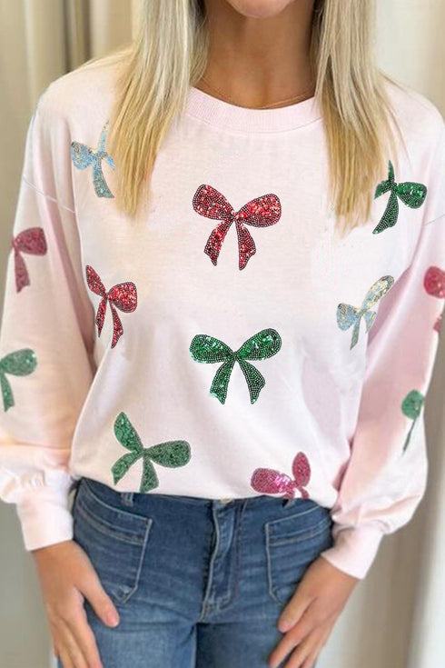 Pink Sequined Bow Valentine Round Neck Sweatshirt