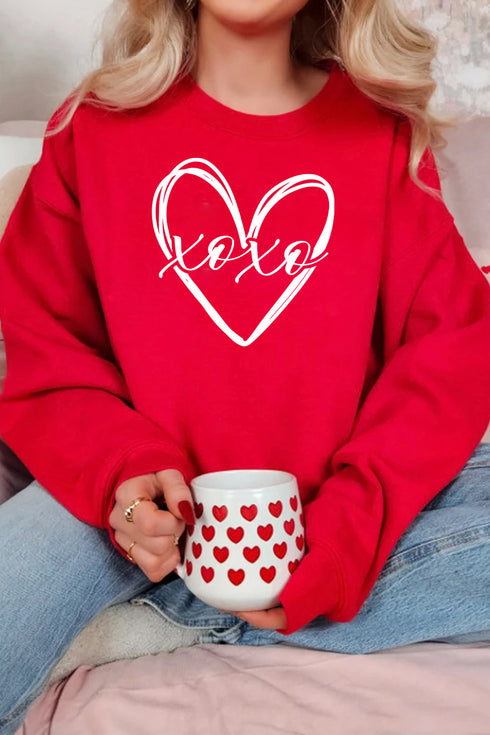 Red xoxo Valentines Heart Sketch Printed Pullover Sweatshirt