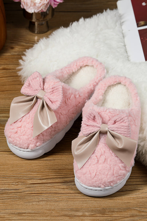 Pink Contrast Bowknot Applique Plush Winter Slippers (Bow Colors May Differ by Batch)