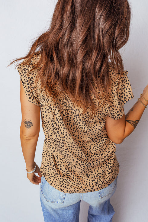 Apricot Cheeath Print Frilled V Neck Shirred Detail Short Sleeve Blouse