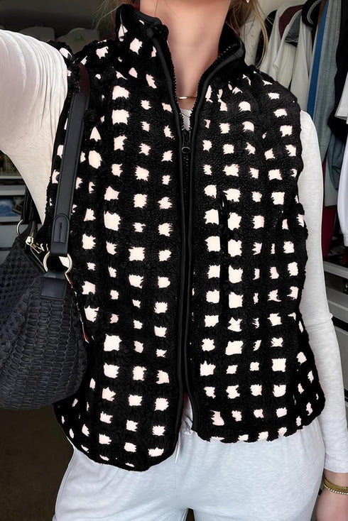 Black Checkered Texture Plush Zip Up Winter Vest