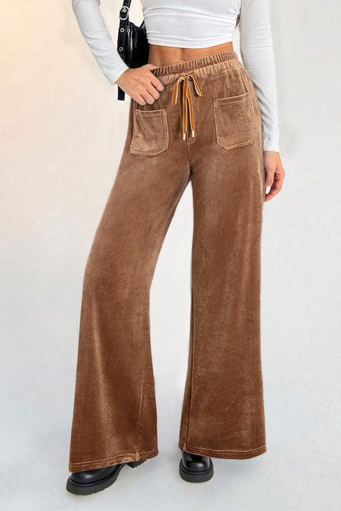 Coffee Straight Loose Drawstring Elastic High Waist Fleece Pants