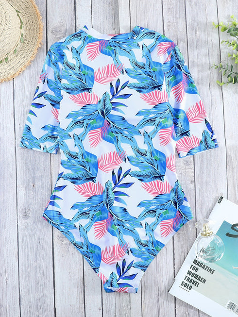 fiery-red-blue-leaves-zip-front-half-sleeve-one-piece-swimsuit