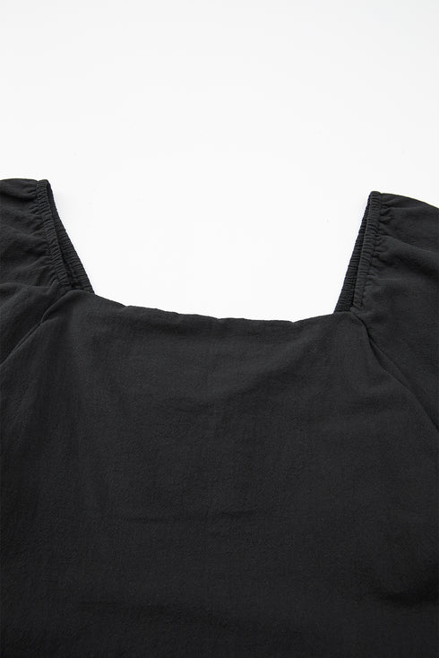 Black Square Neck Ruched Puff Sleeve Romper
