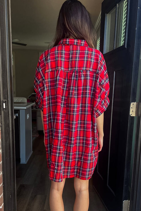 Red Plaid Half Sleeve Shift Shirt Mini Dress