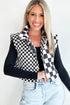 Black Mixed Checkerboard Stitched Zip Up Stand Neck Snap Button Vest