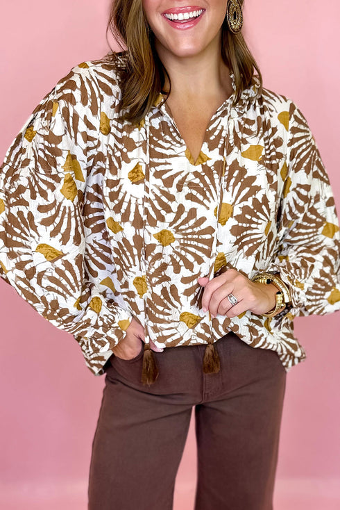 Khaki Abstract Floral Print Tassel Tie Neck Long Sleeve Blouse