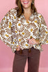 Khaki Abstract Floral Print Tassel Tie Neck Long Sleeve Blouse