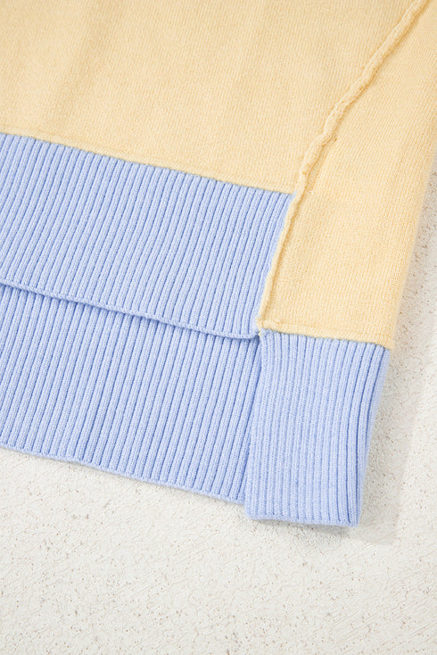 Sky Blue Stripe Contrasting Polo Collar Color Block Knit Drop Shoulder Sweater
