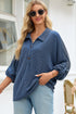 Navy Blue Oversized Twist Ribbed Collared Henley Top with Roll up Sleeve