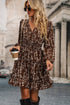 Brown Ditsy Floral Print Split Neck Long Sleeve Shirred Waist Flared Mini Dress