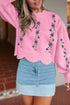 Pink Floral Embroidered Scallop Hem Cropped Sweater