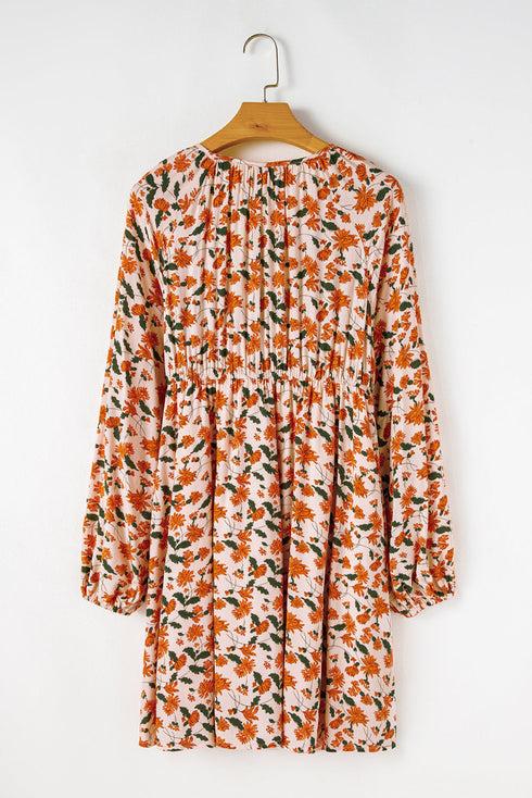 Beige Plus Size Floral Print V Neck Long Sleeve Babydoll Short Dress