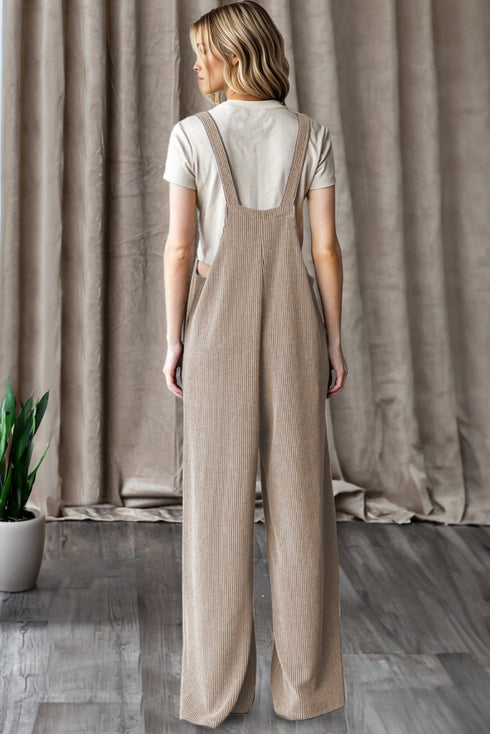 Parchment Ribbed Knit Patched Pocket Wide Leg Overalls