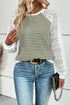 Green Stripe Textured Knit Contrast Hollowed Lace Patchwork Long Sleeve Top