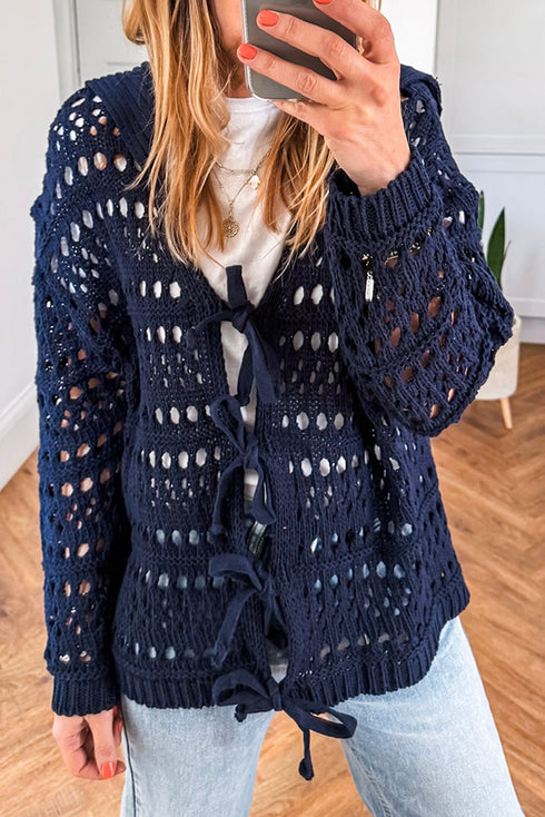 Navy Blue Crochet Tie Front Cardigan