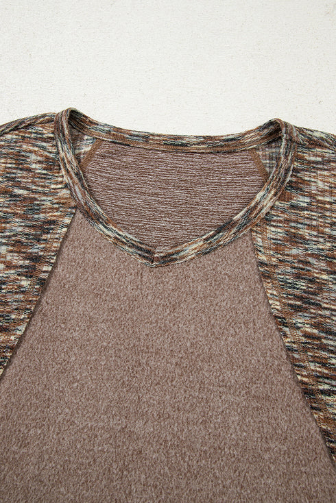 Dark Khaki Contrast Trim V Neck Long Sleeve Patchwork Loose Top