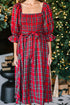 Red Tartan Plaid Square Neck Puff Sleeve Knot Waist Flared Midi Dress