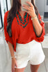 Fiery Red Contrast Plaid Patchwork V Neck Half Sleeve Blouse