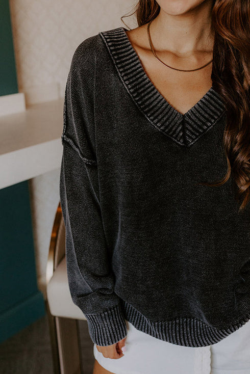Black Mineral Wash V Neck Knit Exposed Seam Drop Shoulder Loose Sweater