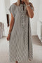 Black Stripe Frilled Detail Half Buttons Short Sleeve Long Dress