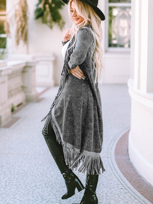 black-fringed-hem-pocketed-open-cardigan