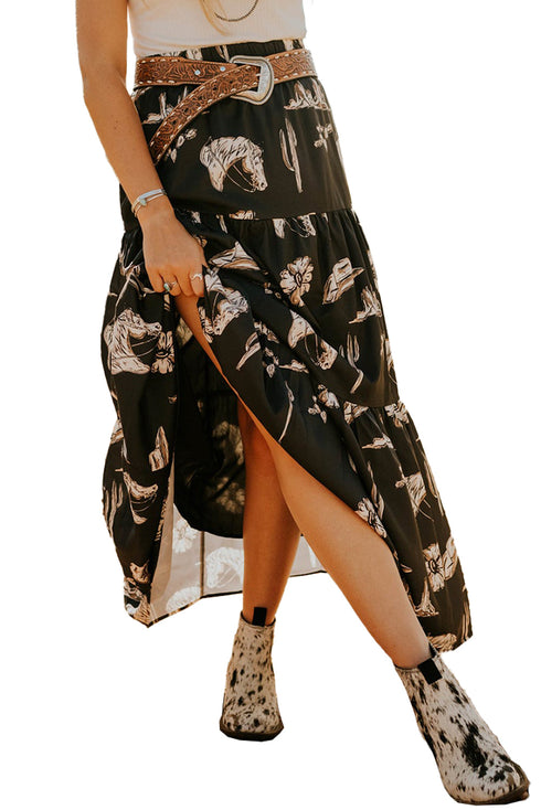black-western-print-tiered-ruffled-high-waist-maxi-skirt