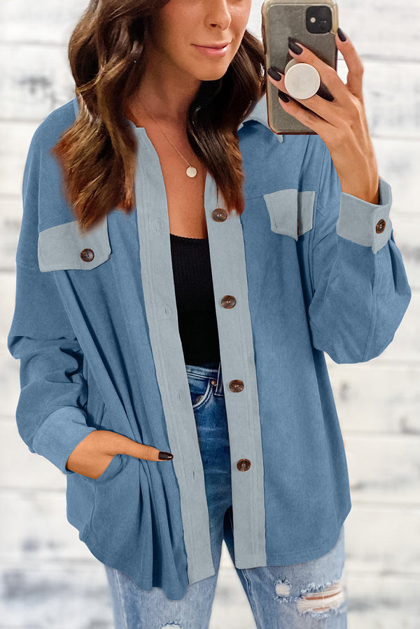 Dusk Blue Velvet Flap Pockets Drop Shoulder Casual Shacket