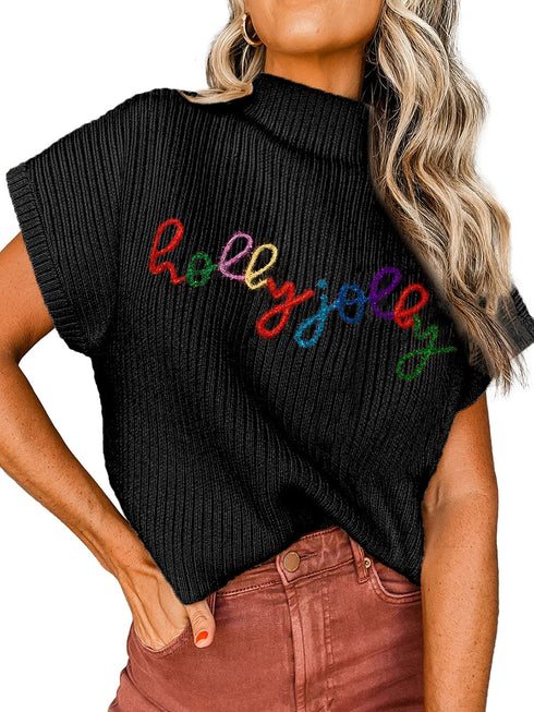 black-high-neck-christmas-holly-jolly-short-sleeve-sweater
