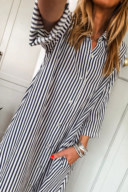 Black Stripe Side Pockets Buttoned Loose Fit Maxi Dress