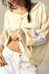 Yellow Cream Exposed Seam Color Block Lace Patchwork Long Sleeve V Neck Loose Top