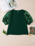 blackish-green-plus-size-sequin-short-puff-sleeve-top