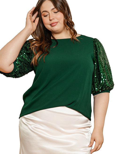 blackish-green-plus-size-sequin-short-puff-sleeve-top