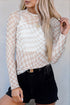 Khaki Checkered Pattern Mesh Mock Neck Long Sleeve Top