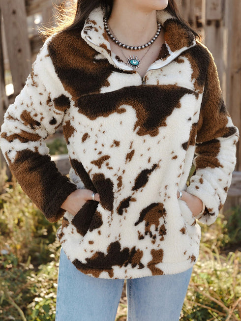 zip-collar-cow-print-fleece-sweatshirt