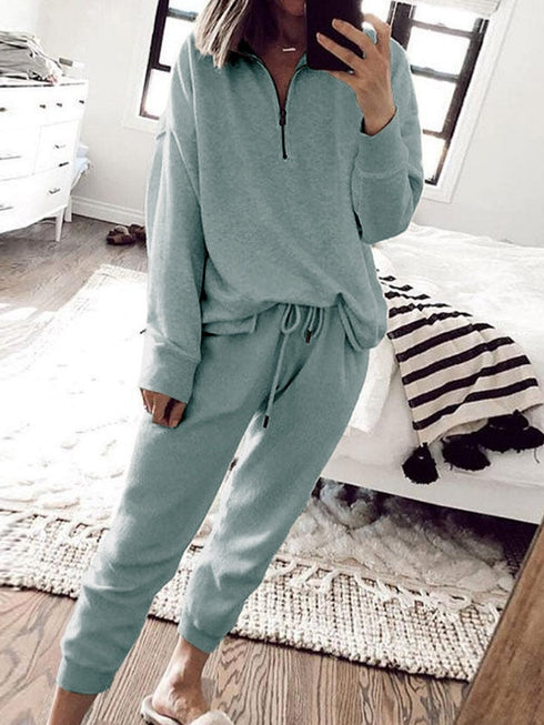 iceland-blue-solid-half-zipped-drawstring-high-waist-lounge-set